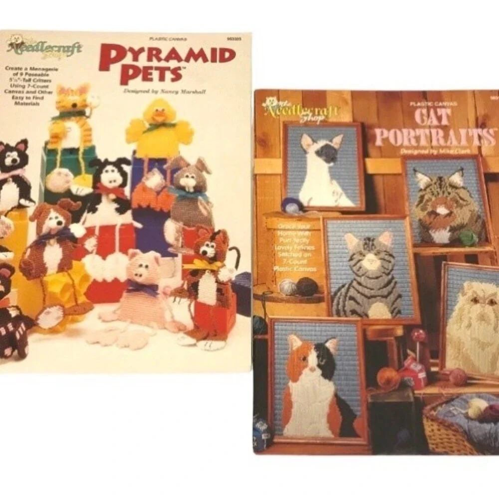 Vintage Plastic Canvas Instruction Booklets Cat Portraits and Poseable Pets
